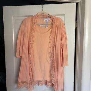 Roaman's Women's Plus Size Peach Ribbed Open Front Cardigan with Crochet Lace Tr